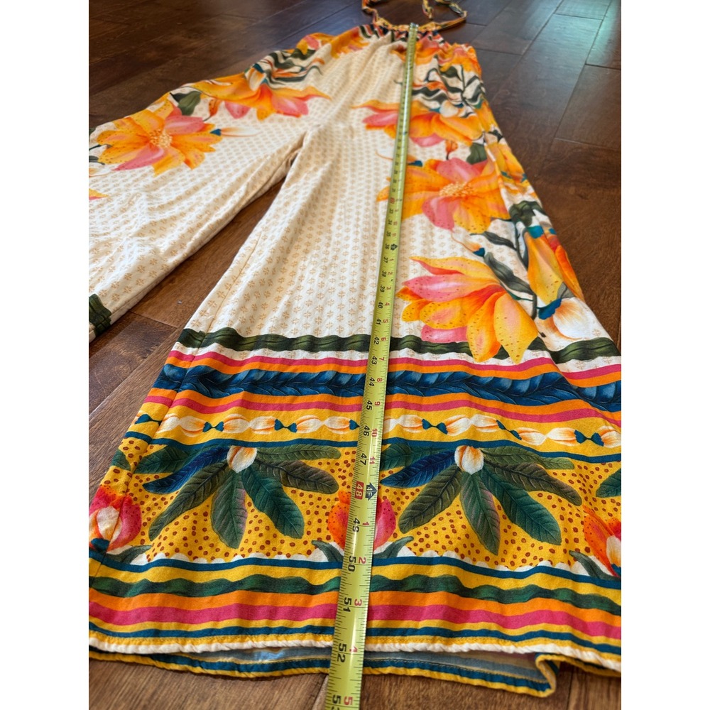 Farm Rio Tropical Floral Wide Leg Halter Jumpsuit Sz L Yellow Boho Anthropologie - Picture 8 of 16